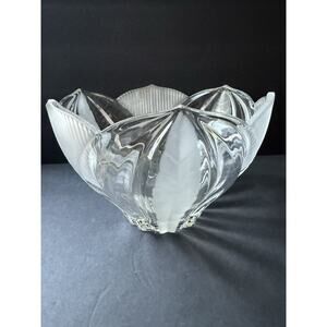 Vintage Crystal Clear Frosted Serving Bowl Modernist Deco Minimalist Cottage